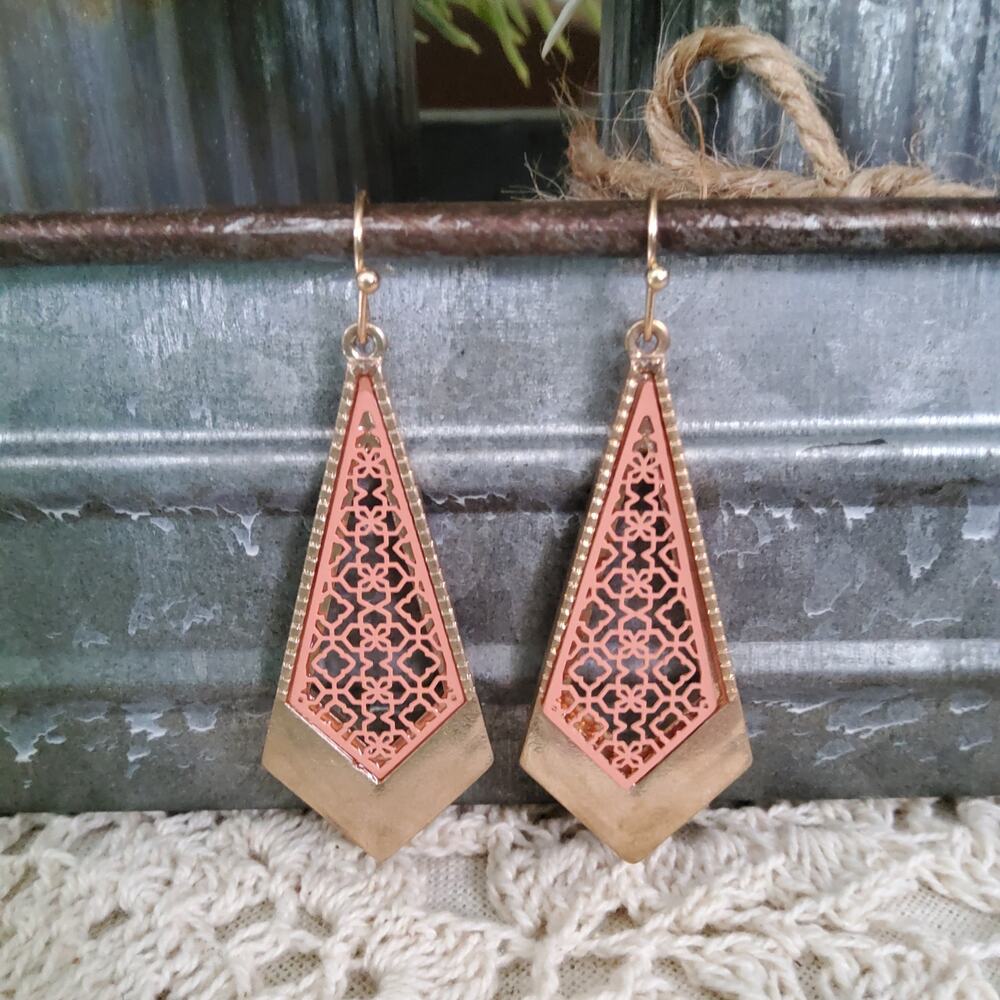 Filigree Peachy Coral Brushed Gold Tone Dangle Earrings